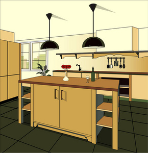 勃艮第厨房内部背景与家具。现代厨房设计。象征家具。厨房插画