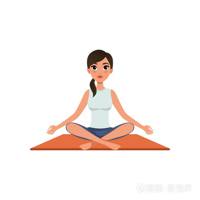 女孩坐在瑜伽莲花位置, 美丽的妇女练习瑜伽矢量插图白色背景