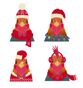 矢量公鸡头设置。在冬天，卡通风格，圣诞节服装