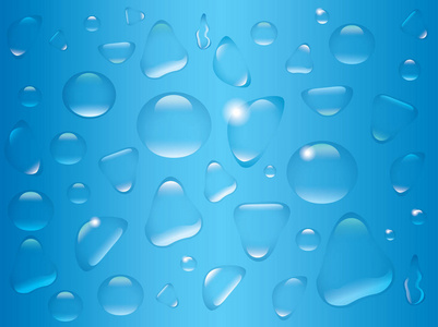 清澈透明水滴分离在蓝色背景上