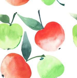 四个明亮的多汁苹果模式水彩手绘