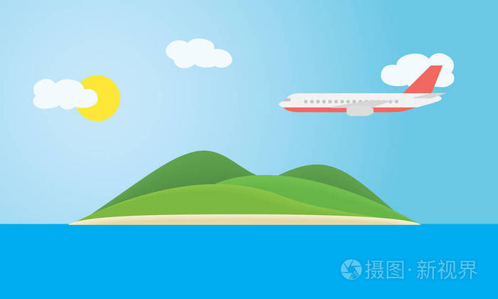 热带海岛与绿色小山, 在海在蓝天下与云彩,太阳和飞行飞机-载体插画