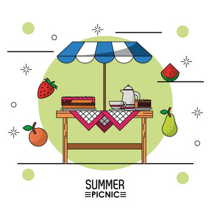 白色背景星光海报夏季野餐表与遮阳和馅饼与咖啡罐和水果