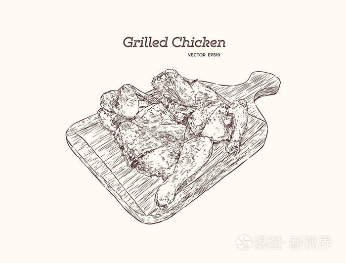 烤鸡肉在木托盘上.手绘素描矢量