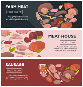 肉类和香肠从农场促销互联网横幅设置。高品质产品的动物起源与餐具在线网页模板卡通平面矢量插图与示例文本