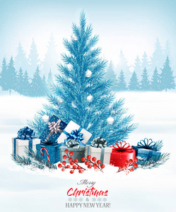 圣诞节的背景有一棵蓝色的树和礼物。vect