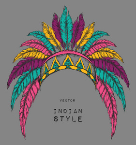 美国原住民印第安人彩色首席。红色和黑色的蟑螂。印度羽毛头饰的鹰