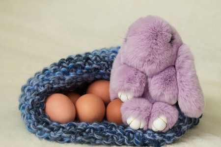 一只丁香兔子玩具, 坐在蓝色针织袋里, 里面装满了褐色母鸡的蛋, 象征着复活节。