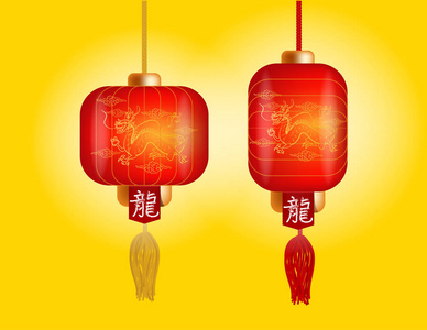 美丽的插图矢量红色中国花灯圆和圆柱形状对黄金的颜色背景。中国新年灯笼设计概念