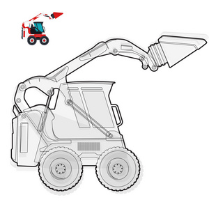 黑色和白色丝小挖掘机在修公路。挖掘机装载建筑材料