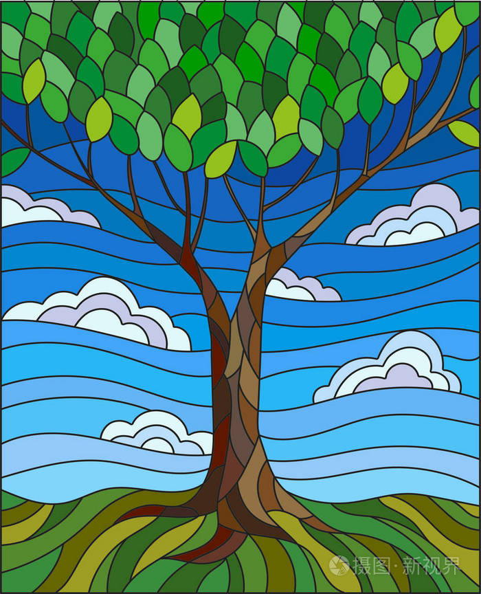 在树上天空背景彩色玻璃风格的插图