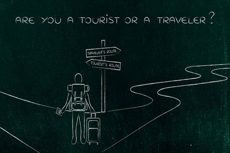旅行者或旅游 在 crosspath 袋与背包的人