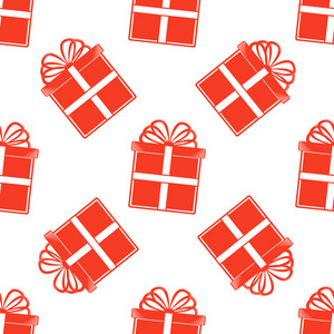 白色背景上的无缝的礼物图案，红色礼品盒