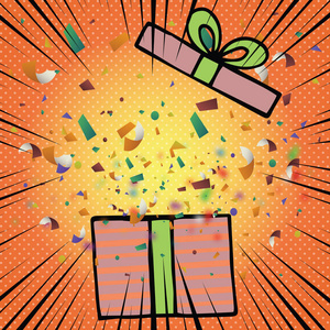 打开生日礼物盒与弓丝带和彩色纸屑