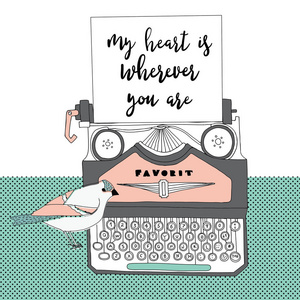 老式打字机和一只小鸟。打印设计