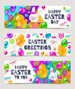 复活节问候横幅。五颜六色的果酱和 candys 形状的兔子鸡蛋等形式上有多彩多姿的纸张背景。矢量插图
