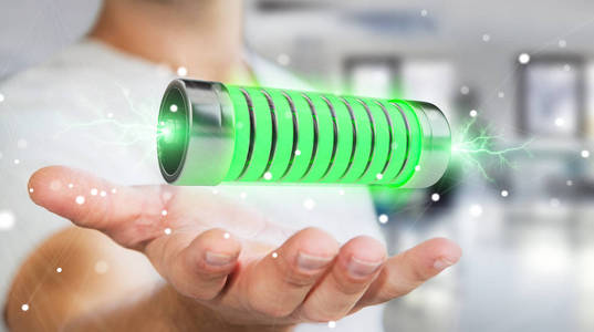 商人使用绿色电池与闪电3d 渲染