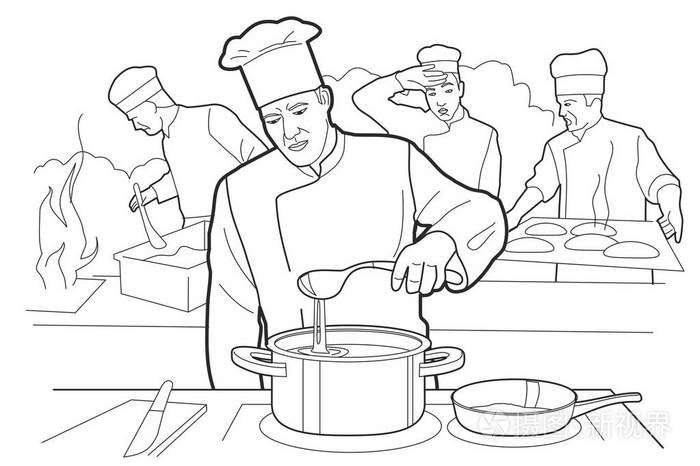 画厨师炒菜的画素描画图片