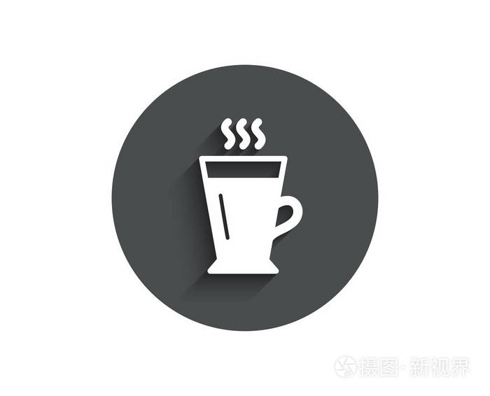 拿铁简单的图标。热咖啡或茶招牌。新鲜饮料符号。圆圈平面按钮与阴影。矢量插图