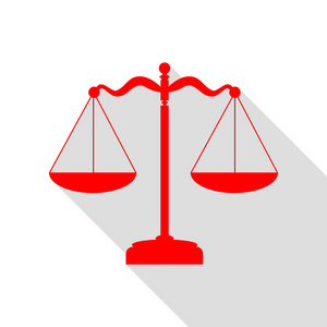 红色图标与平面样式阴影路径正义天平的剪影, 法律制度的平衡标志天平
