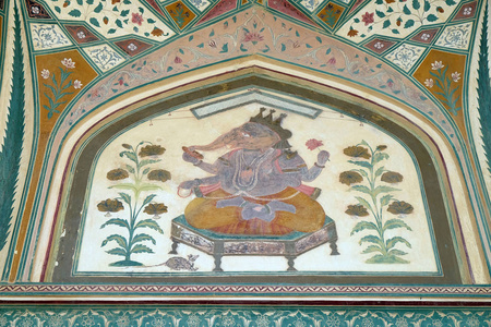 印度拉贾斯坦邦斋浦尔琥珀堡宫殿墙上的美丽装饰品