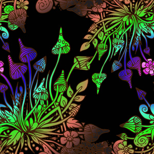 致幻剂的真菌, 飞伞。无缝图案, 明亮, 迷幻, 涂鸦手画