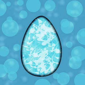 复活节蓝色背景与散景与3d 复活节彩蛋在中心。溅出的鸡蛋和油漆的渍。明信片的基础
