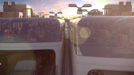 未来的城市巴士。交通堵塞。日落时间。3d 插图