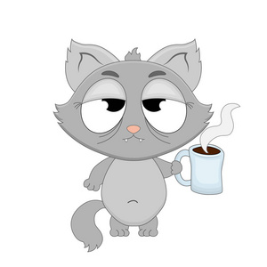 可爱的卡通昏昏欲睡的猫, 手里拿着一杯咖啡。矢量 il