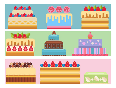 婚礼蛋糕馅饼糖果卡甜点面包店平面简单式隔离矢量插图