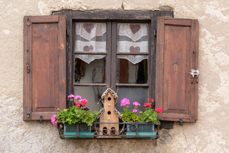 在安置的高山别墅的窗户上花的花朵, 意大利的 Sdtirol 地区