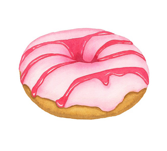 水彩的甜甜圈与粉红色糖霜