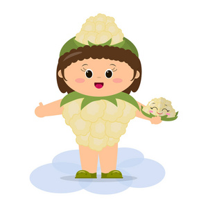 一个可爱的孩子在花椰菜西装拿着一个蔬菜在他的手中照片
