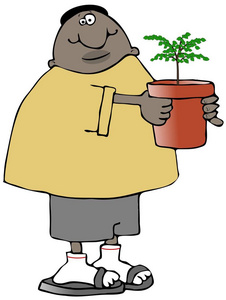 一个黑色男子穿着短裤持有一个小树或灌木在兵马俑的例证