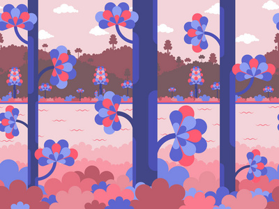 平坦的矢量背景紫色和粉红色的颜色与森林, 河流和丘陵