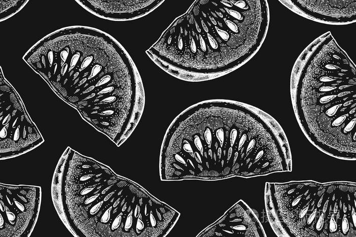 黑木板上的西瓜白粉笔片.无缝模式.复古雕刻技术的现实成果.