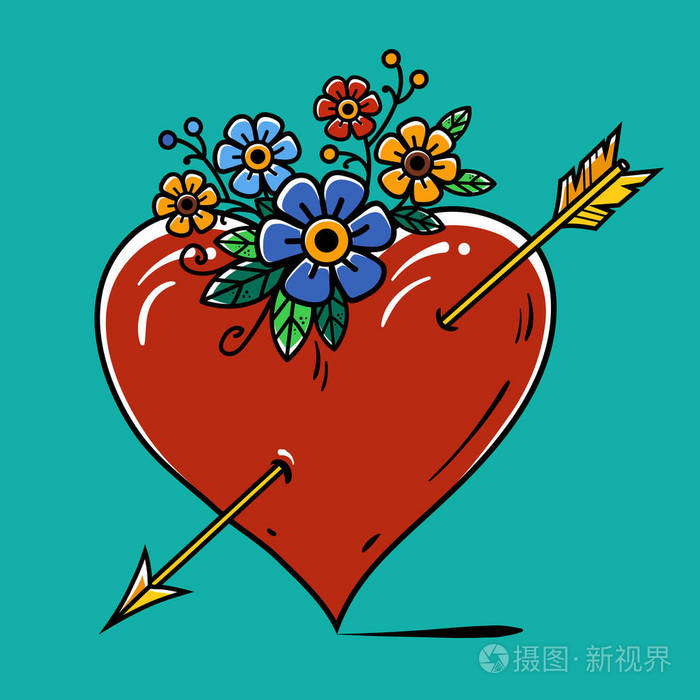 小情人节贺卡心刺穿金箭红心饰小花花束