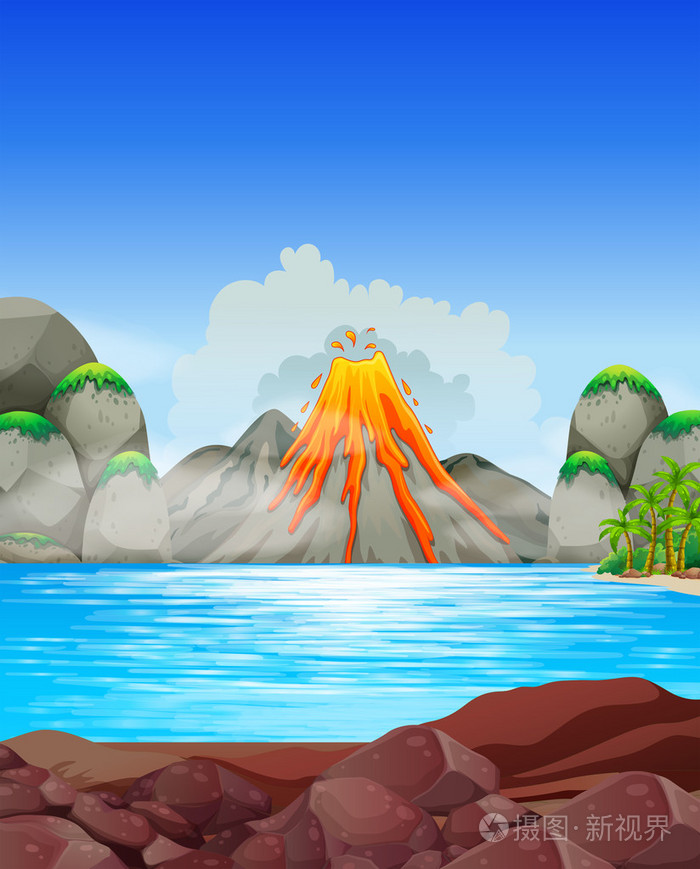 火山爆发在湖