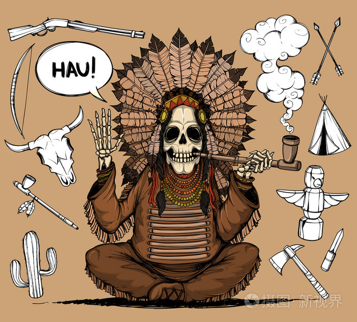 骨架的印第安人酋长.和设置与印度相关的对象