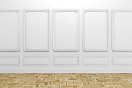 与木地板白色经典室内的 3d 渲染