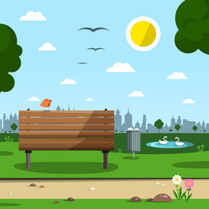 在公园与城市剪影的晴天.空向量背景与在长凳上的鸟照片