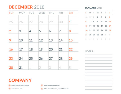 2018 年 12 月。日历策划设计模板。周从星期日开始。文具设计