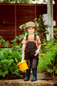 一个男孩在假日工作在花园里的肖像