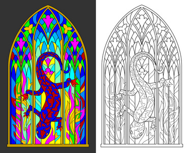 彩色和黑白图案的哥特式彩色玻璃窗口与蝾螈和火焰。儿童和成人工作表。矢量图像