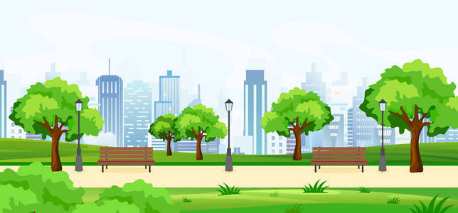 一个美丽的夏日公园的矢量插图, 绿树和长凳, 全景的大现代城市景观与摩天大楼。平面卡通风格