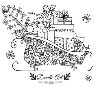 矢量图的圣诞节，圣诞老人雪橇的礼物。涂鸦画。手工制作。着色图书动物抗应激的成年人。黑色和白色