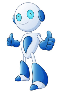 可爱卡通机器人的矢量插画微笑和竖起大拇指在白色背景上