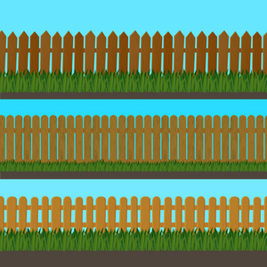 无缝木栅栏。草地大地和天空的篱笆图案。卡通风格的矢量插画
