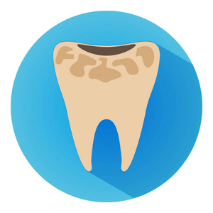 龋齿长阴影矢量图标。风格是在蓝色背景下的扁平龋齿