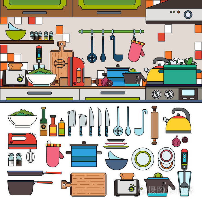 烹饪工具和在厨房里的用具插画-正版商用图片0fwdln-摄图新视界